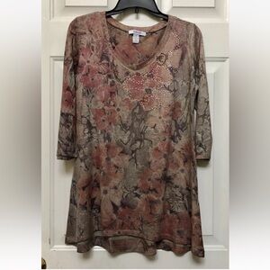 STYLE &CO. TOP WOMEN'S SIZE S KNIT BROWN FLORAL RHINESTONES V-NECK 3/4 SLEEVESS